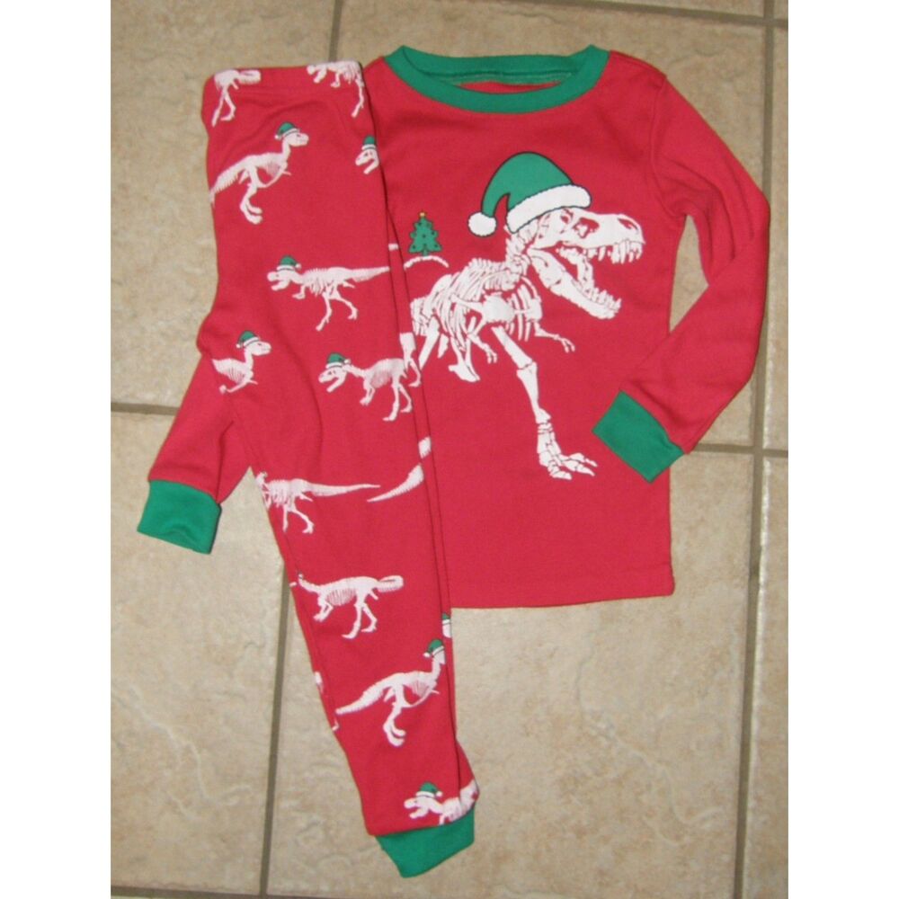 Boy Sz 4 Toddler DINOSAUR Stretchy Cotton Snug Fitting 2 Pc Christmas Pajama Set